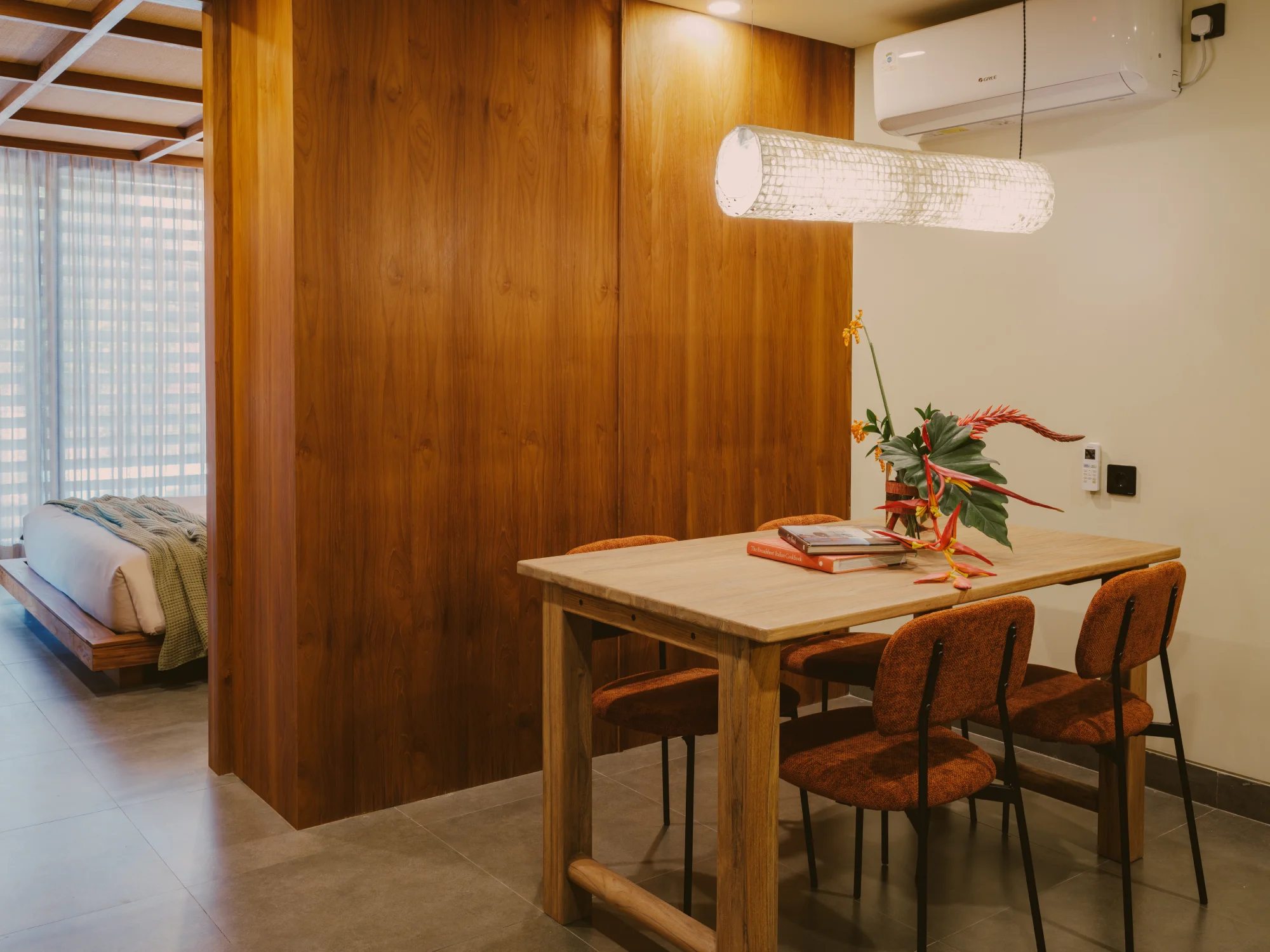 Dining setup designed for work, breakfast, and slow evenings